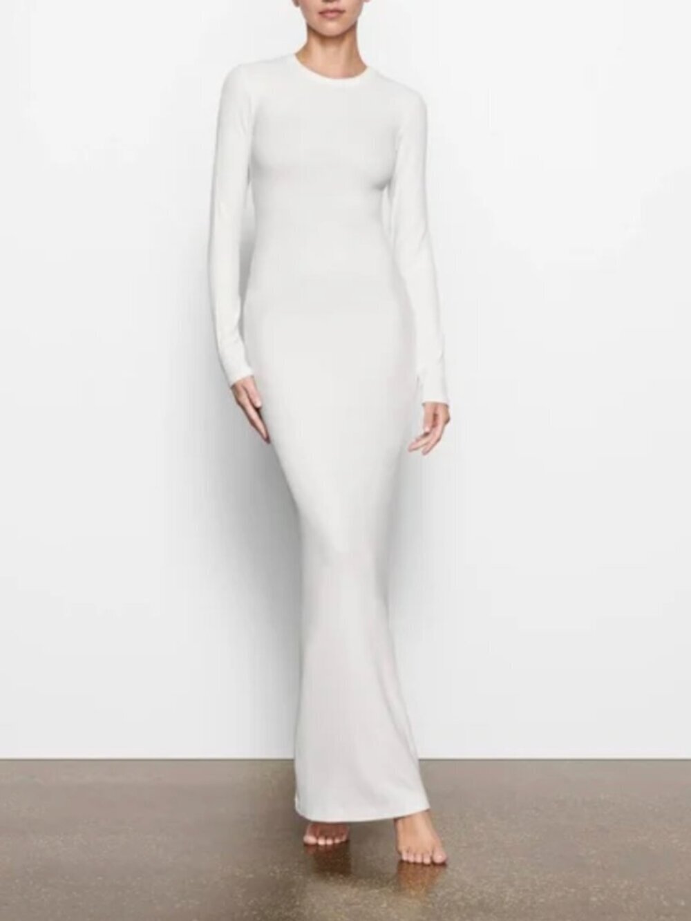 SKIMS SOFT LOUNGE LONG SLEEVE CREW NECK LONG MAXI DRESS IN MARBLE WHITE XL $200